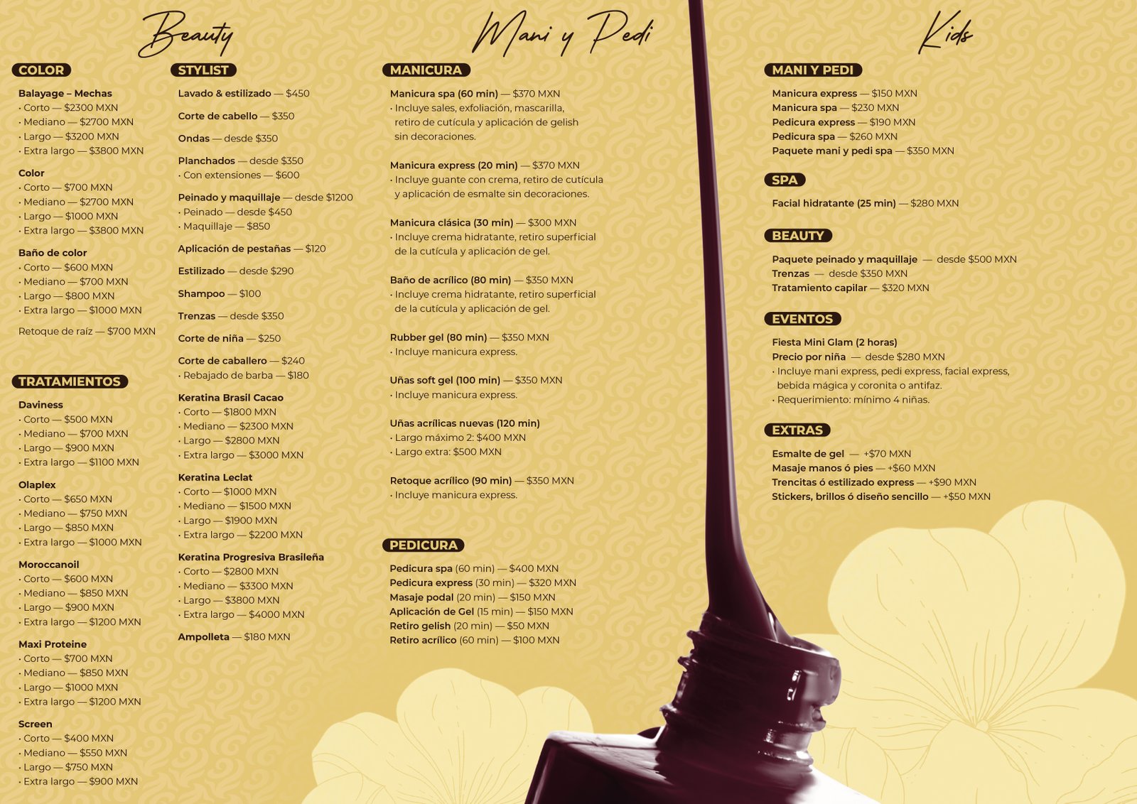 Menu de servicios Pretty Rose - Retiro